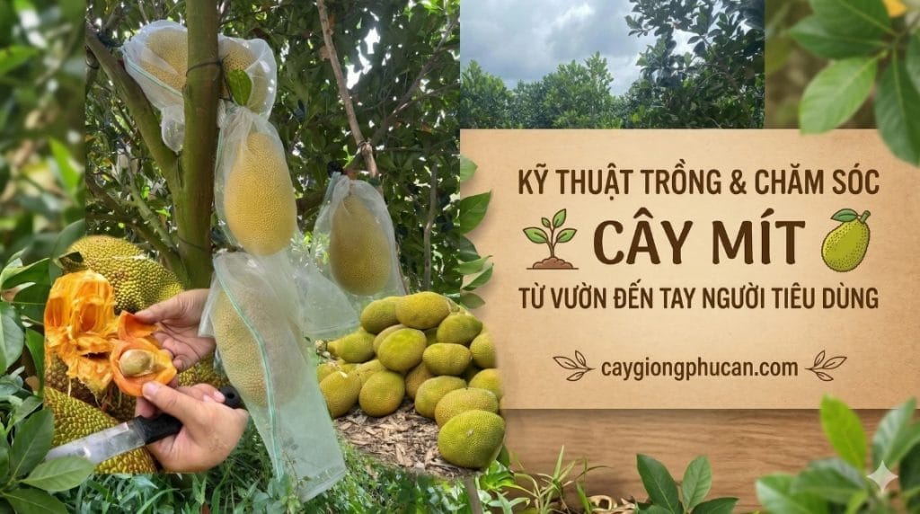 Trái mít bao túi trên thân cây, đống mít mới hái và múi mít được tách ra